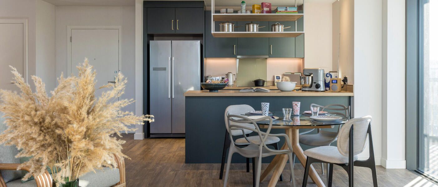 kitchen with ceiling mounted racks