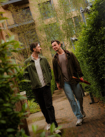 A couple walking outside
