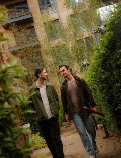A couple walking outside